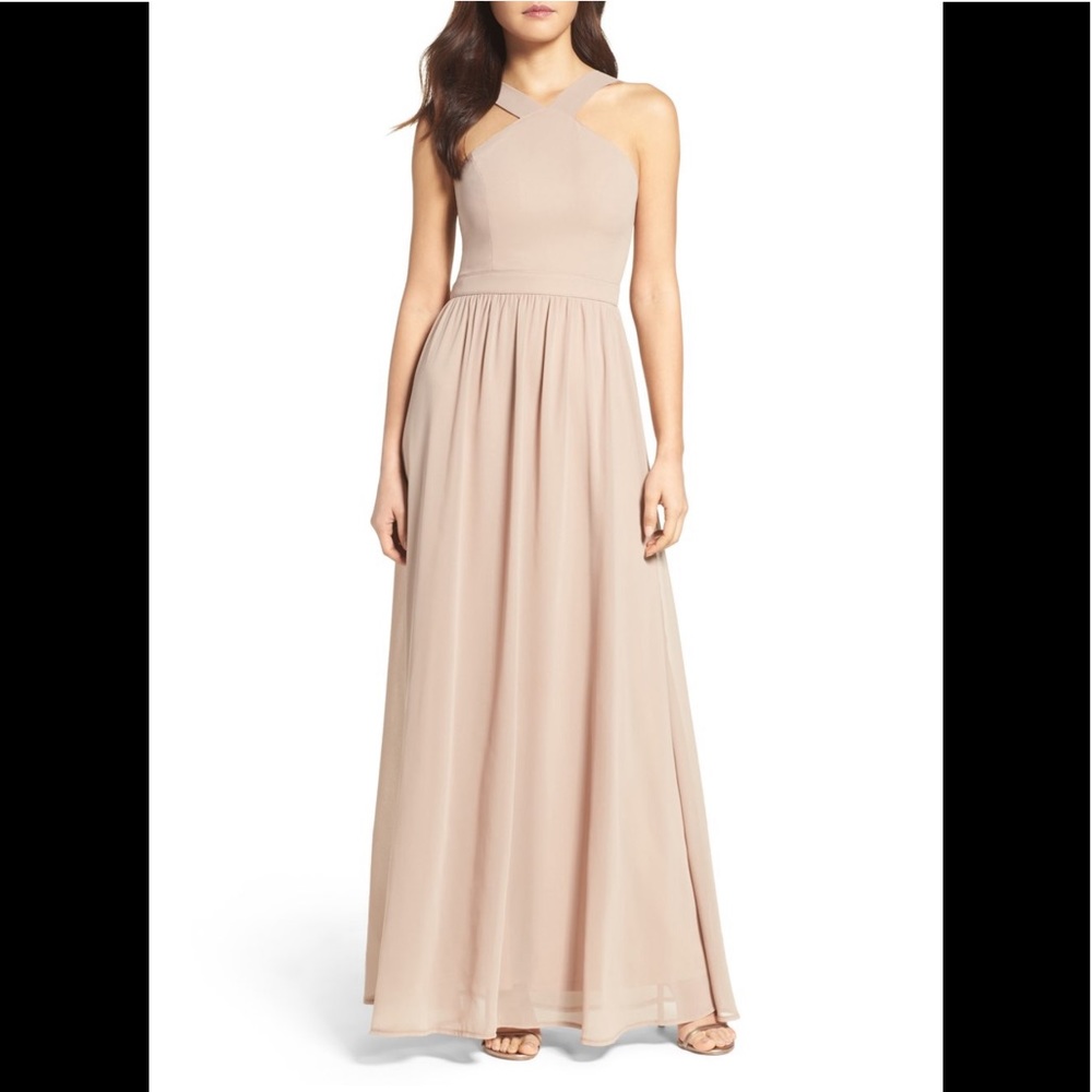 LULUS Cross Neck A-like Chiffon Gown Nude Small